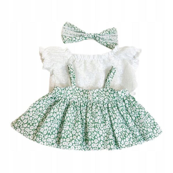 Kleid für 38-cm-Puppe mit grüner Schärpe – modisch bedrucktes Kleid für Puppen