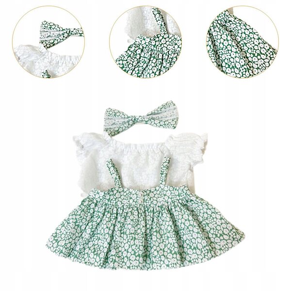 Kleid für 38-cm-Puppe mit grüner Schärpe – modisch bedrucktes Kleid für Puppen