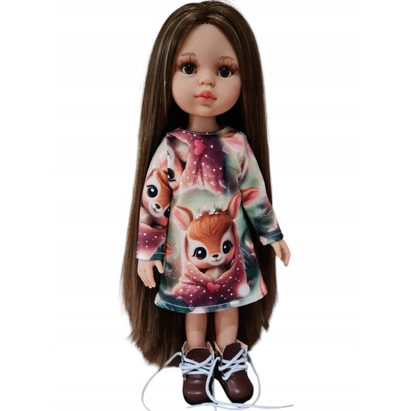 Gestricktes Kleid für eine 32 cm große Paola Reina-Puppe mit süßem Hirsch