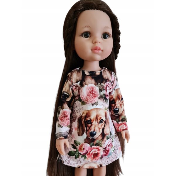 Ein Outfit für eine 32 cm große Paola Reina-Puppe mit Dackel- und Blumenmotiv