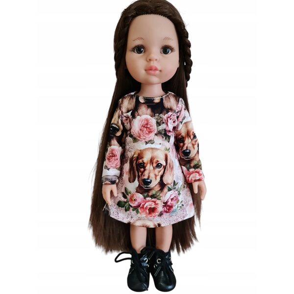 Ein Outfit für eine 32 cm große Paola Reina-Puppe mit Dackel- und Blumenmotiv