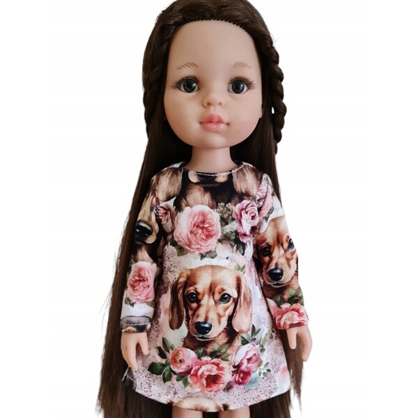 Ein Outfit für eine 32 cm große Paola Reina-Puppe mit Dackel- und Blumenmotiv