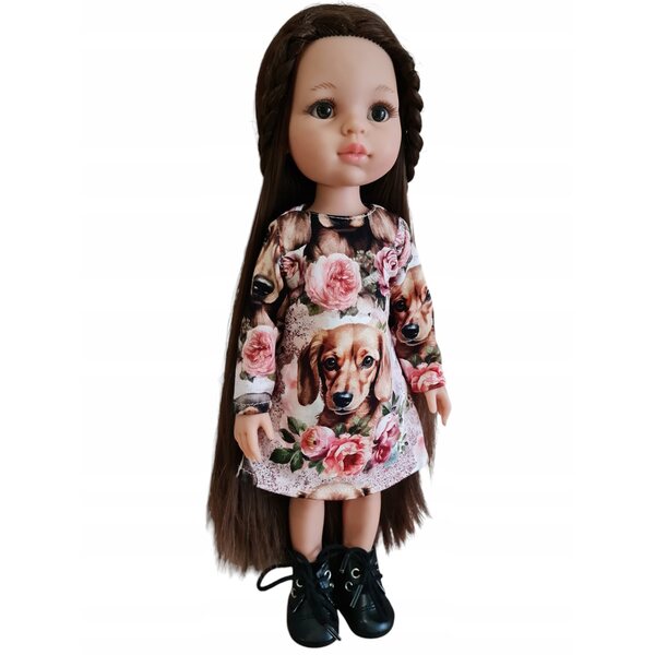 Ein Outfit für eine 32 cm große Paola Reina-Puppe mit Dackel- und Blumenmotiv