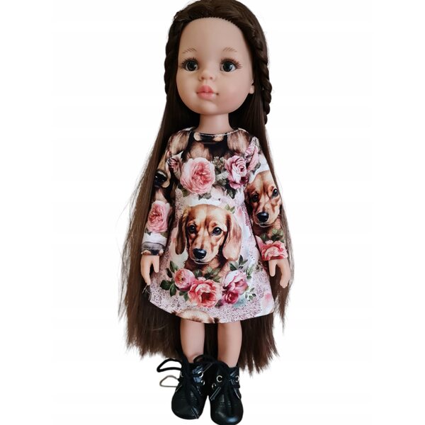 Ein Outfit für eine 32 cm große Paola Reina-Puppe mit Dackel- und Blumenmotiv