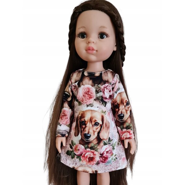 Ein Outfit für eine 32 cm große Paola Reina-Puppe mit Dackel- und Blumenmotiv