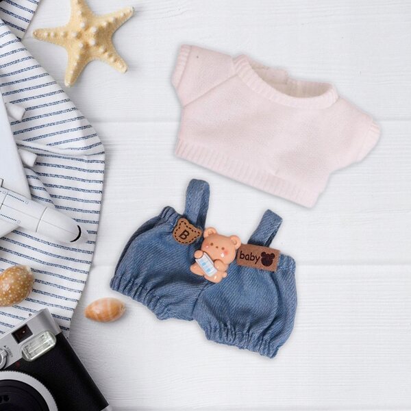 Set 2 Abiti in Tessuto per Bambole 15 cm Pantaloni con Bretelle e T-shirt