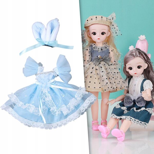 Kleid für 30-cm-Puppe mit Accessoires – blaues Kostüm mit kurzen Ärmeln