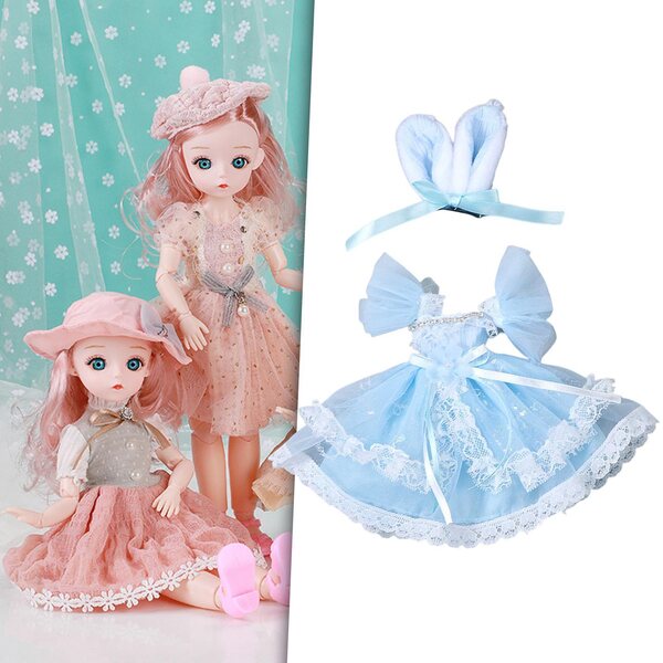 Kleid für 30-cm-Puppe mit Accessoires – blaues Kostüm mit kurzen Ärmeln