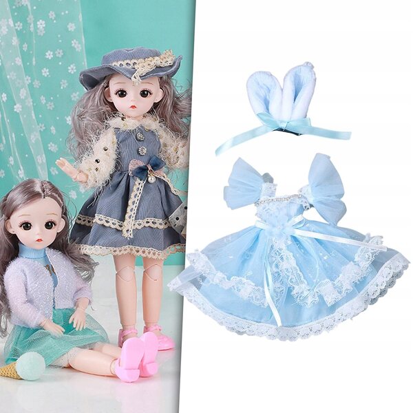 Kleid für 30-cm-Puppe mit Accessoires – blaues Kostüm mit kurzen Ärmeln