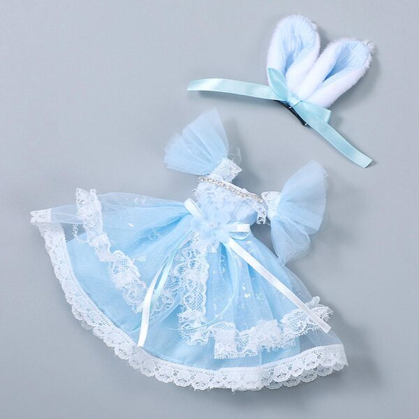 Kleid für 30-cm-Puppe mit Accessoires – blaues Kostüm mit kurzen Ärmeln