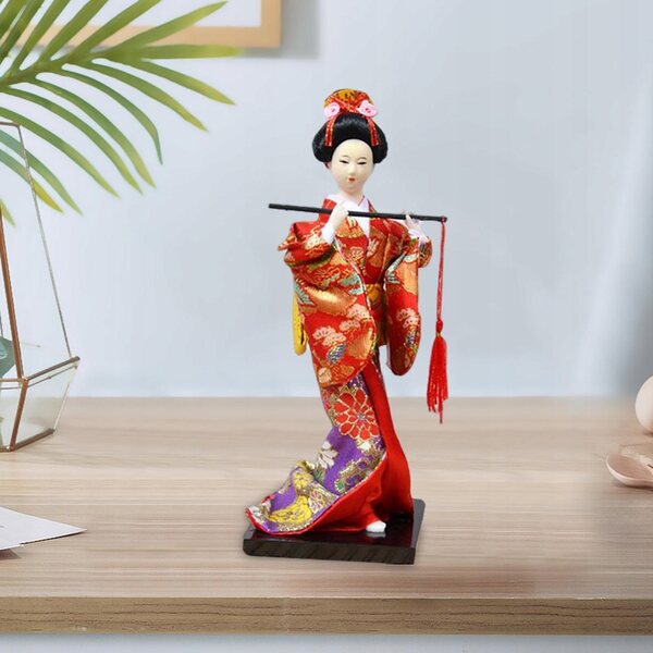 Japanische Geisha-Puppe im roten Kimono mit Flöte – handwerkliche Dekoration, 27 cm