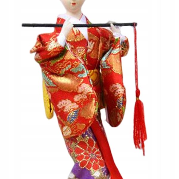 Japanische Geisha-Puppe im roten Kimono mit Flöte – handwerkliche Dekoration, 27 cm