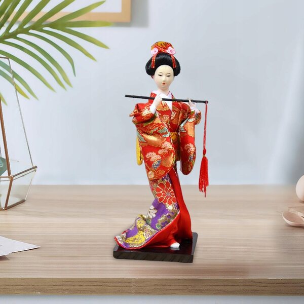 Die andere japanische Geisha im roten Kimono mit Flöte – handwerkliche Dekoration 27 cm