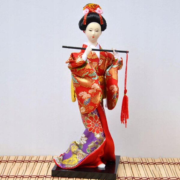 Die andere japanische Geisha im roten Kimono mit Flöte – handwerkliche Dekoration 27 cm
