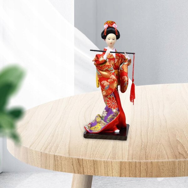 Die andere japanische Geisha im roten Kimono mit Flöte – handwerkliche Dekoration 27 cm
