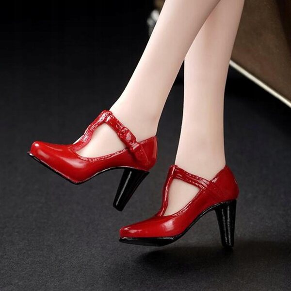 1/6 rote T-Riemen-High-Heel-Schuhe für 12-Zoll-Frauenfiguren