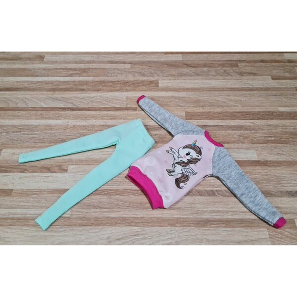Completo per bambola classica con felpa e leggins unicorno in tessuto morbido