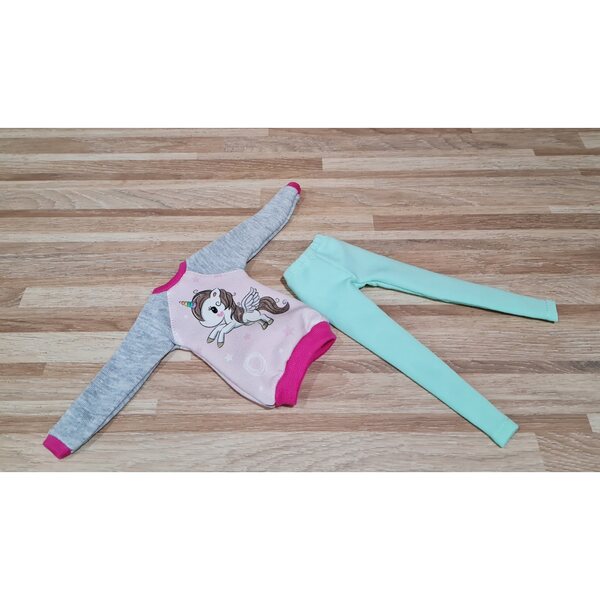 Completo per bambola classica con felpa e leggins unicorno in tessuto morbido