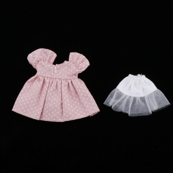 1:12 Puppen-Outfit mit rosa gepunktetem Pettirock-Rock für OB11 und BJD