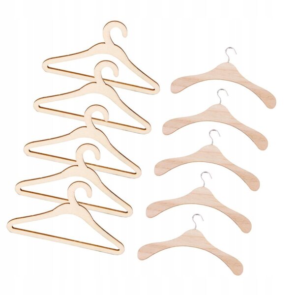 Set 10 appendini in legno per abiti da bambola, gancio metallico, 15 cm