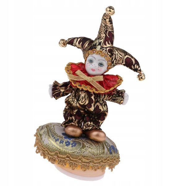 Porzellanpuppe 16 cm Clown Dreieck mit Spieluhr und Seidenkleidung