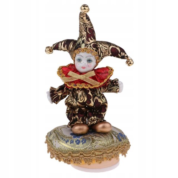 Porzellanpuppe 16 cm Clown Dreieck mit Spieluhr und Seidenkleidung