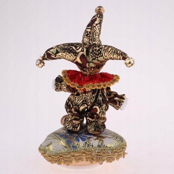 Porzellanpuppe 16 cm Clown Dreieck mit Spieluhr und Seidenkleidung