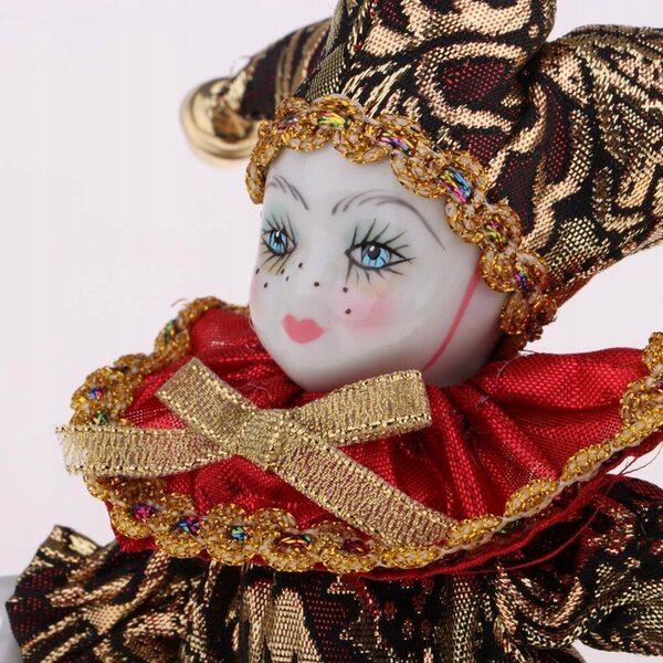 Porzellanpuppe 16 cm Clown Dreieck mit Spieluhr und Seidenkleidung