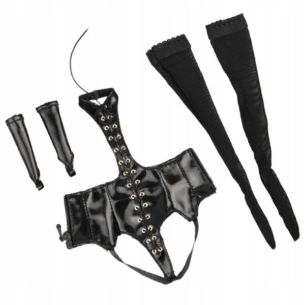 Teddy-Body aus PU-Leder für 1/6 Puppen – Dessous-Set mit Strümpfen und Handschuhen