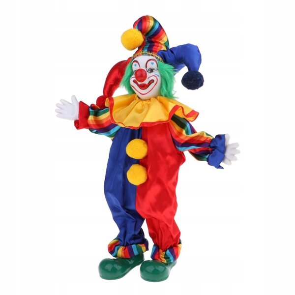Clown-Puppe aus Porzellan, 38 cm, Vintage-Dekoration mit goldenem Brokat-Kostüm