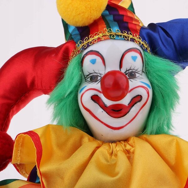 Clown-Puppe aus Porzellan, 38 cm, Vintage-Dekoration mit goldenem Brokat-Kostüm