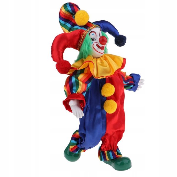 Clown-Puppe aus Porzellan, 38 cm, Vintage-Dekoration mit goldenem Brokat-Kostüm