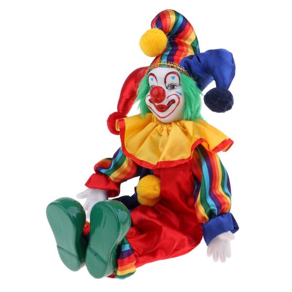 Clown-Puppe aus Porzellan, 38 cm, Vintage-Dekoration mit goldenem Brokat-Kostüm