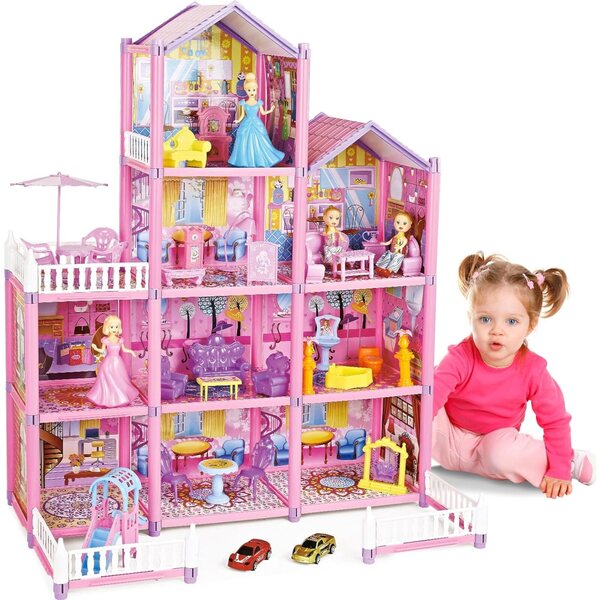 Grande Casa delle Bambole a 4 Piani con Mobili e 2 Bambole - Gioco Creativo per Bambine