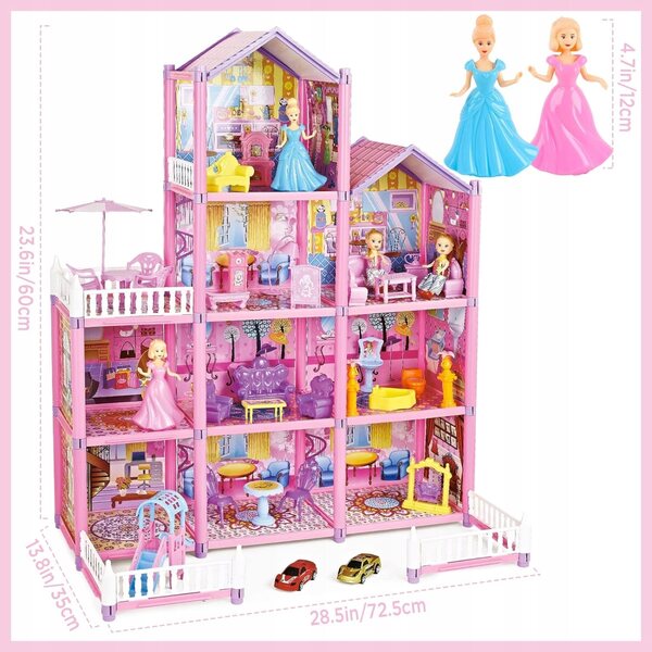 Grande Casa delle Bambole a 4 Piani con Mobili e 2 Bambole - Gioco Creativo per Bambine