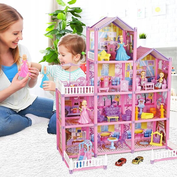 Grande Casa delle Bambole a 4 Piani con Mobili e 2 Bambole - Gioco Creativo per Bambine