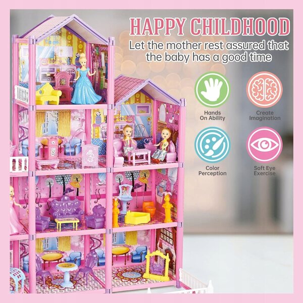 Grande Casa delle Bambole a 4 Piani con Mobili e 2 Bambole - Gioco Creativo per Bambine