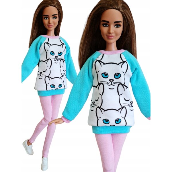 Komplettes 2-in-1-Puppenkleidungsset: Sweatshirt und Leggings mit weißer Katze