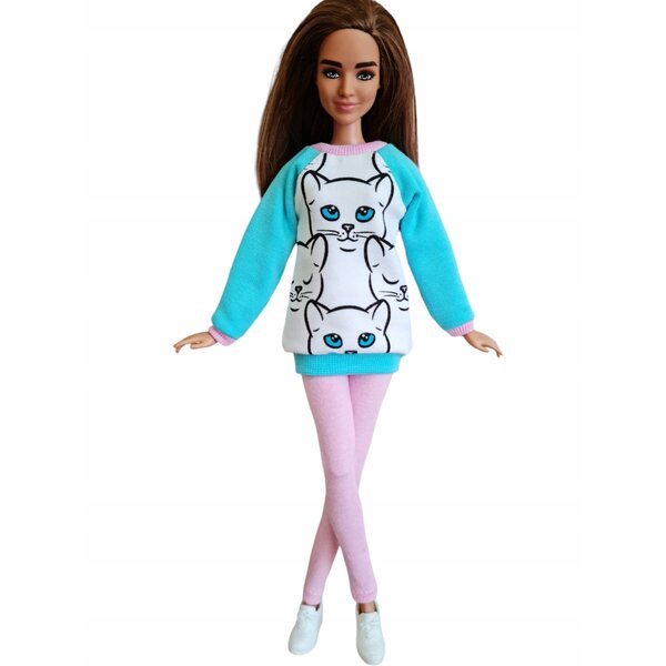 Komplettes 2-in-1-Puppenkleidungsset: Sweatshirt und Leggings mit weißer Katze