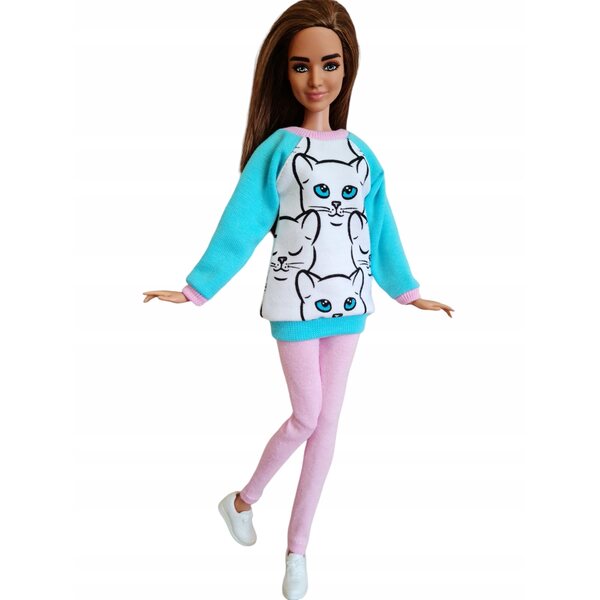 Komplettes 2-in-1-Puppenkleidungsset: Sweatshirt und Leggings mit weißer Katze