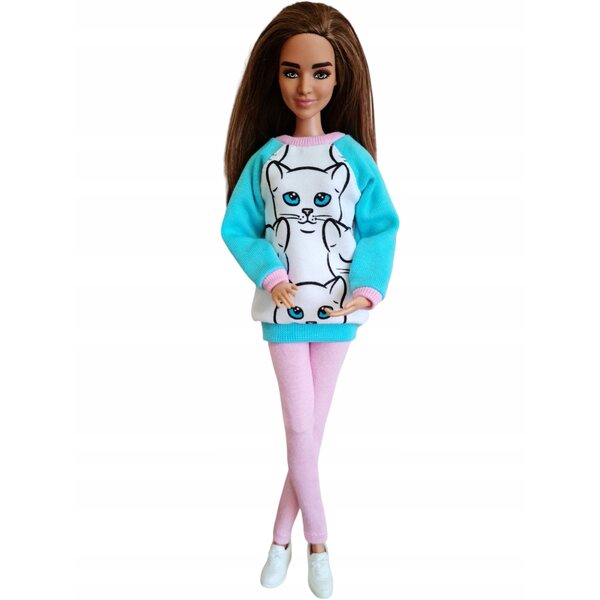 Komplettes 2-in-1-Puppenkleidungsset: Sweatshirt und Leggings mit weißer Katze