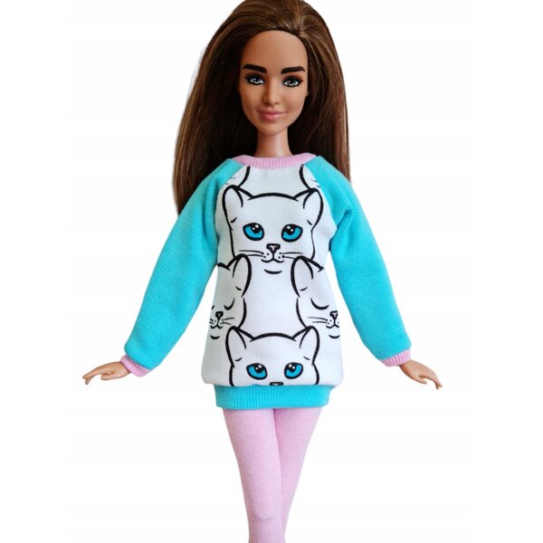 Komplettes 2-in-1-Puppenkleidungsset: Sweatshirt und Leggings mit weißer Katze