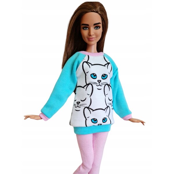 Komplettes 2-in-1-Puppenkleidungsset: Sweatshirt und Leggings mit weißer Katze