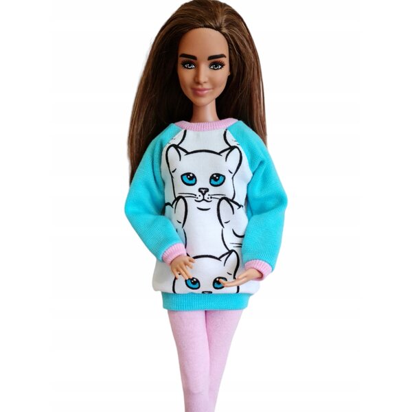 Komplettes 2-in-1-Puppenkleidungsset: Sweatshirt und Leggings mit weißer Katze