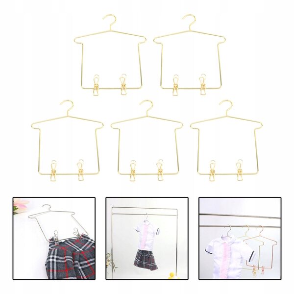 Set 5 mini appendiabiti in metallo dorato per bambole 1:3 con clip per pantaloni