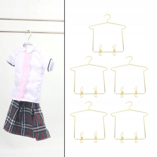 Set 5 mini appendiabiti in metallo dorato per bambole 1:3 con clip per pantaloni