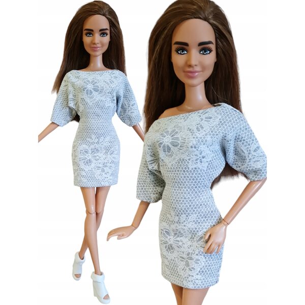 Modisches klassisches Puppenkleid aus grauem Stoff mit Spitze, Größe 3+