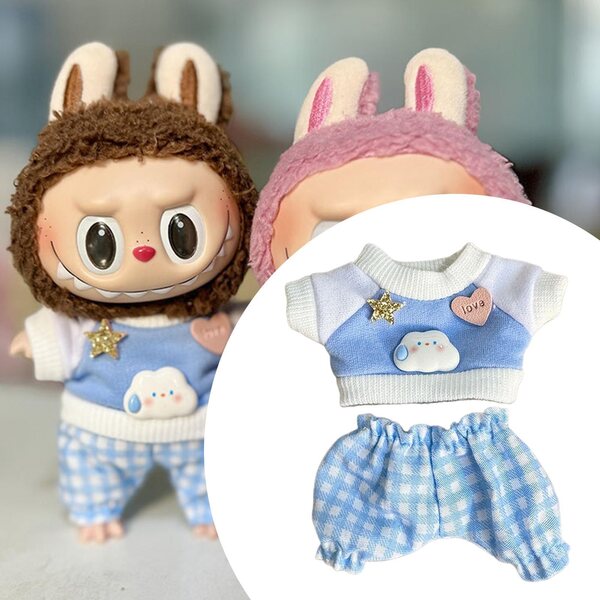 Ubranka per bambole di 17 cm in tessuto morbido con motivo coniglietto blu