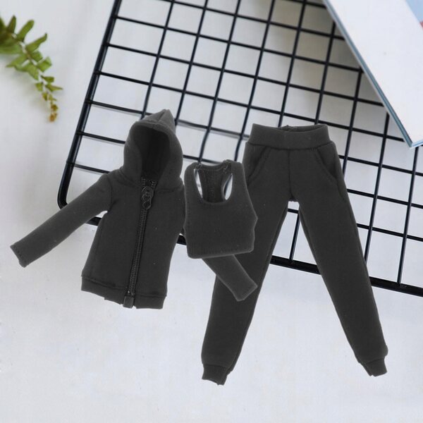 3 sztuki 1/12 Skala Kobiety Figura Bluza z kapturem Spodnie i Kamizelka Miniaturowa Czarna