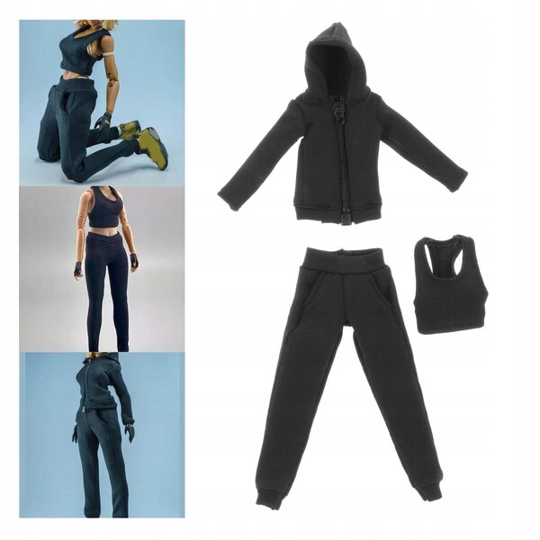 3 sztuki 1/12 Skala Kobiety Figura Bluza z kapturem Spodnie i Kamizelka Miniaturowa Czarna